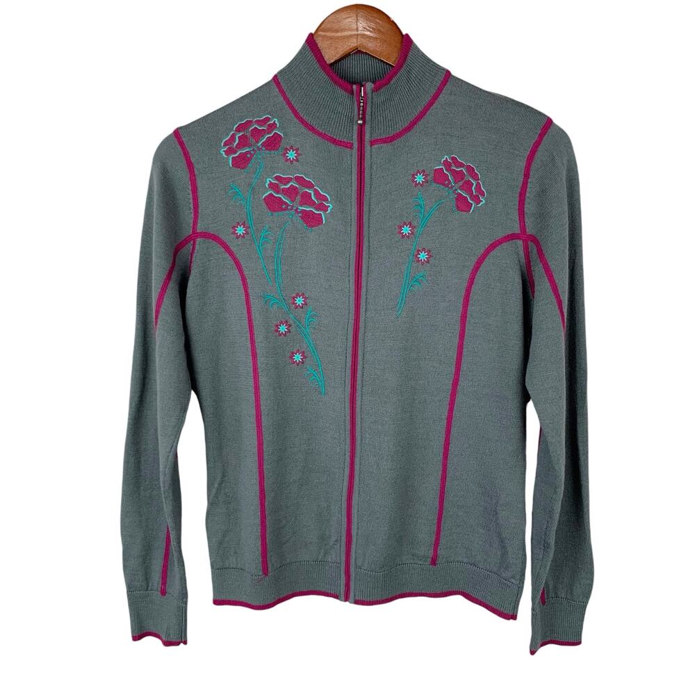 Cabelas Cardigan Sweater Full Zip Grey Purple Flowers Merino Wool Knit Women's S